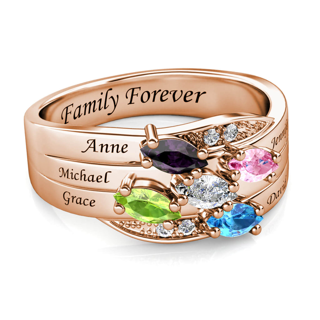 Personalised 5 Birthstone Ring - Engraved Name Ring - Rose Gold - IFSHE