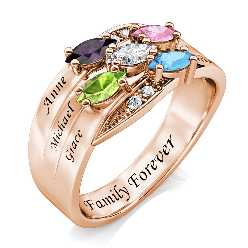 Personalised 5 Birthstone Ring - Engraved Name Ring - Rose Gold - IFSHE