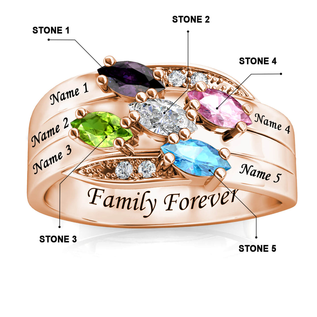 Personalised 5 Birthstone Ring - Engraved Name Ring - Rose Gold - IFSHE