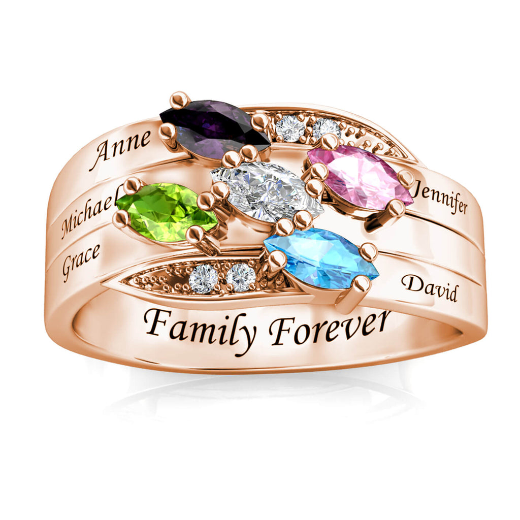 Personalised 5 Birthstone Ring - Engraved Name Ring - Rose Gold - IFSHE