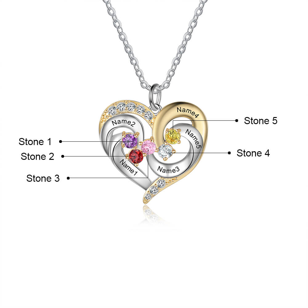 Personalised 5 Name Necklace with 5 Birthstone - Engraved Necklace - IFSHE