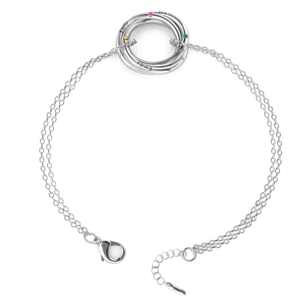Personalised Birthstone Russian 3 Ring Bracelet, Engraved 3 Name Bracelet, Sterling Silver