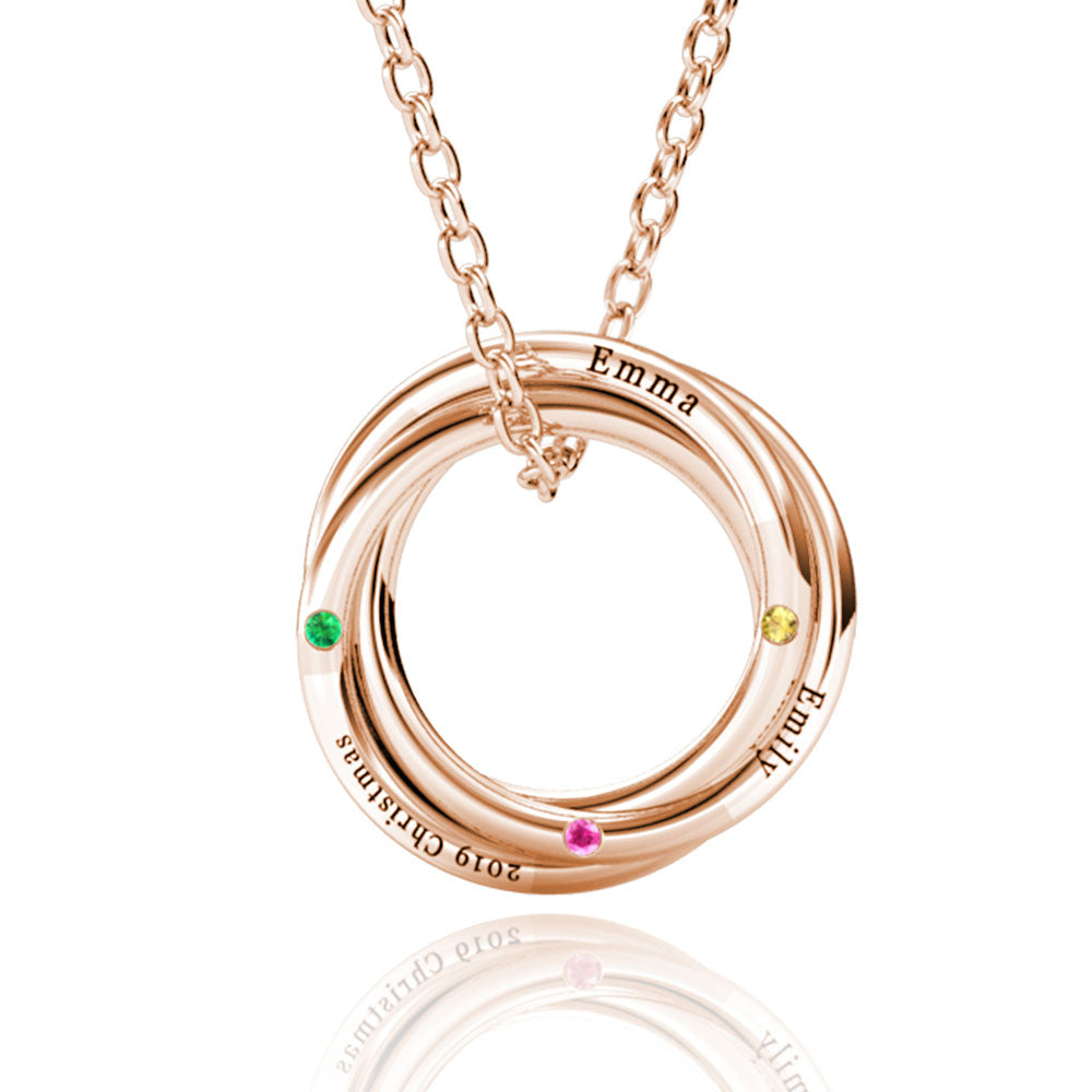 Personalised Birthstone Russian 3 Ring Necklace, Engraved 3 Name Necklace, Sterling Silver, Rose Gold
