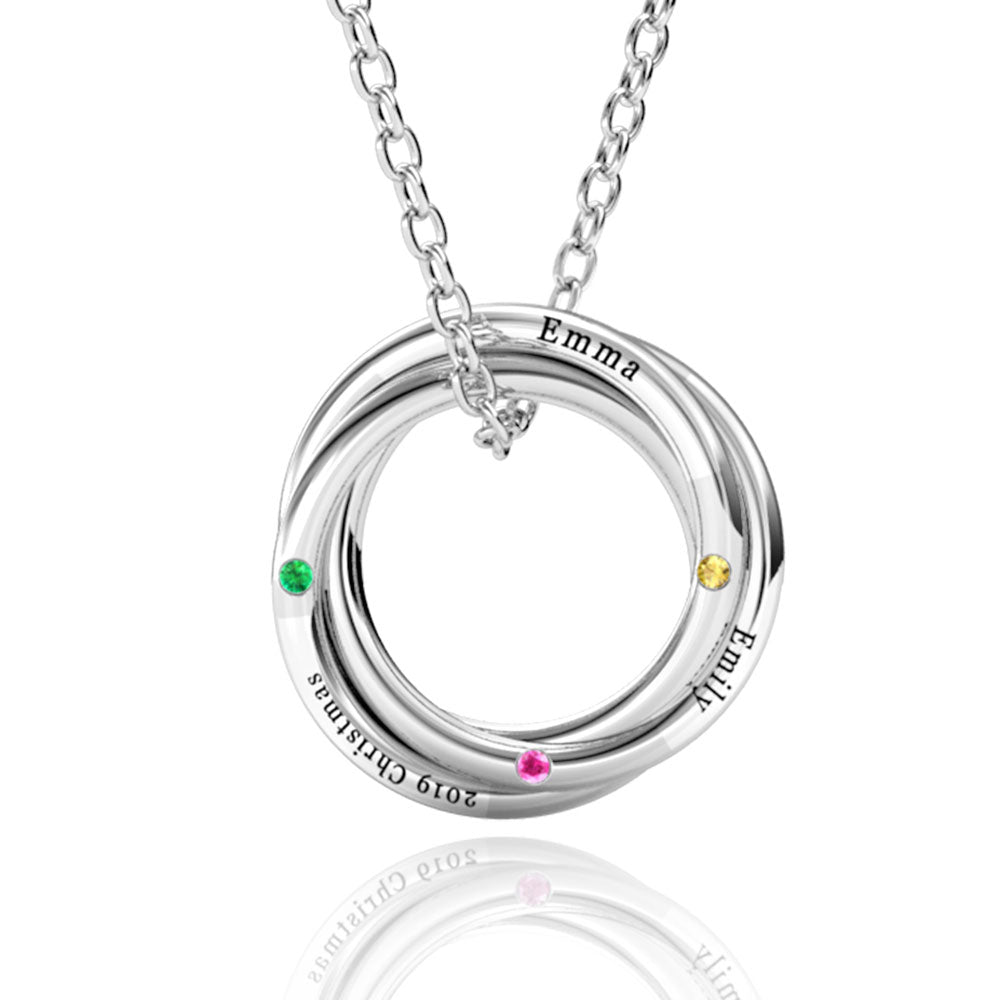 Personalised Birthstone Russian 3 Ring Necklace, Engraved 3 Name Necklace, Sterling Silver