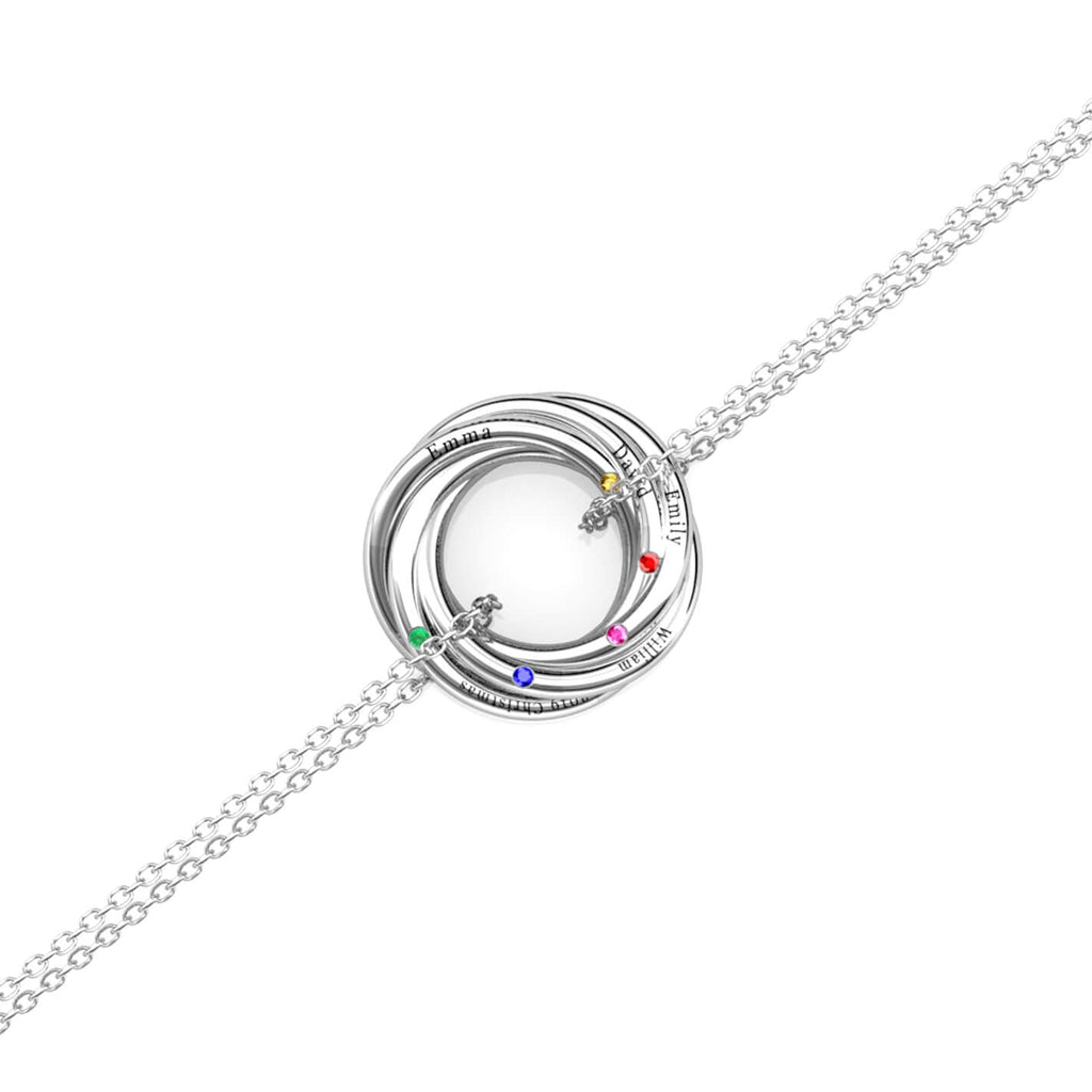 Personalised Birthstone Russian 5 Ring Bracelet, Engraved 5 Name Bracelet, Sterling Silver