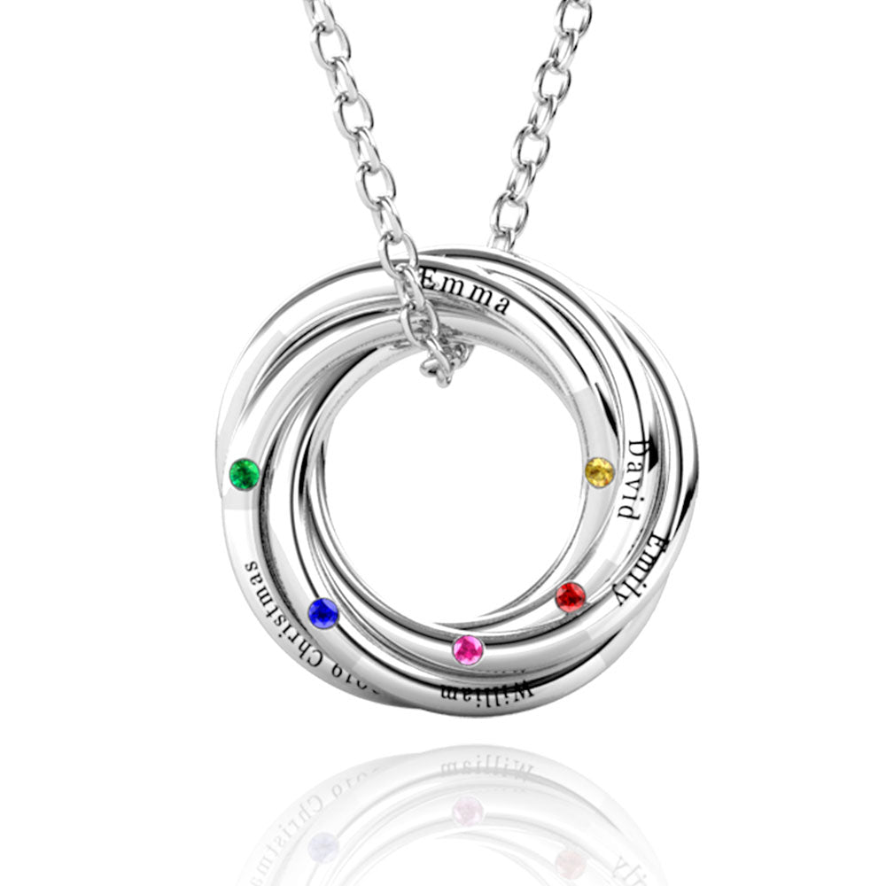 Personalised Birthstone Russian 5 Ring Necklace, Engraved 5 Name Necklace, Sterling Silver