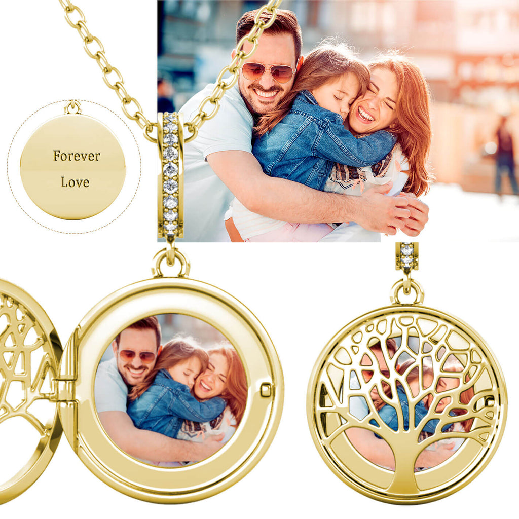 Personalised Family Tree Locket with Photo - Locket with Picture Inside - Gold