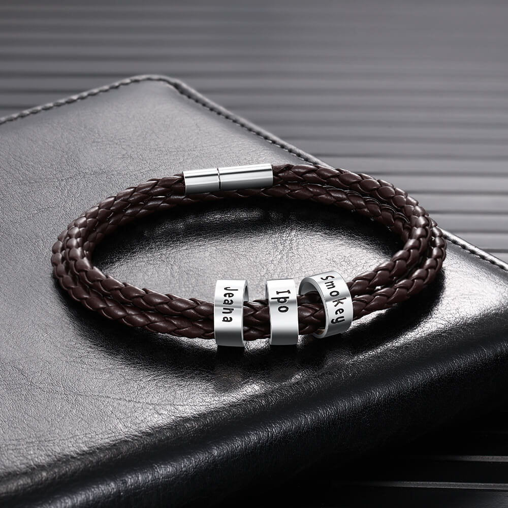 Personalised Men's Leather Bracelet, 3 Sterling Silver Beads, Name Bracelet, IFSHE UK