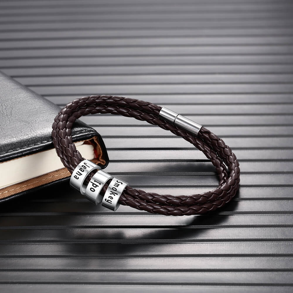 Personalised Men's Leather Bracelet, 3 Sterling Silver Beads, Name Bracelet, IFSHE UK