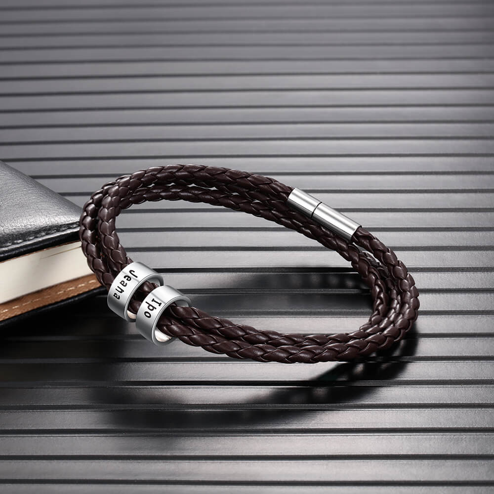 Personalised Men's Leather Bracelet, 2 Sterling Silver Beads, Name Bracelet, IFSHE UK