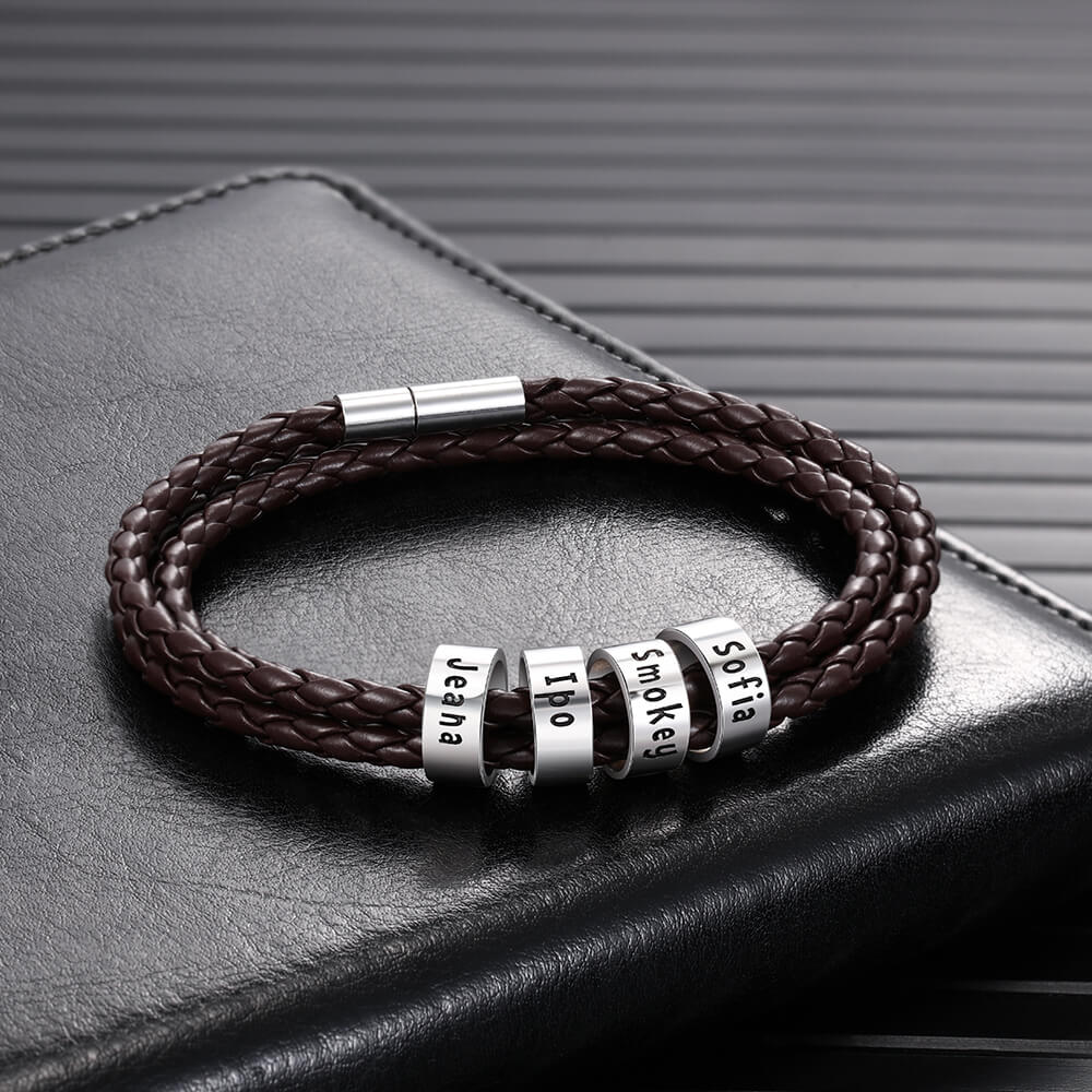 Personalised Men's Leather Bracelet, 4 Sterling Silver Beads, Name Bracelet, IFSHE UK