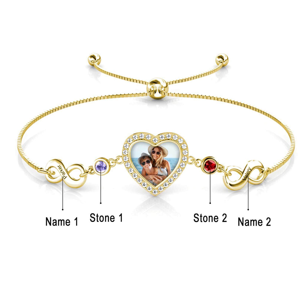 Personalised Photo Charm Bracelet, 2 Names 2 Birthstones, Gold - IFSHE UK