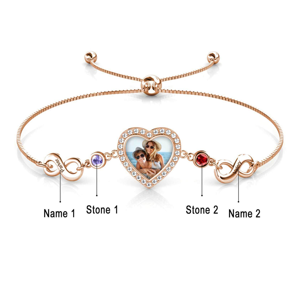 Personalised Photo Charm Bracelet, 2 Names 2 Birthstones, Rose Gold - IFSHE UK