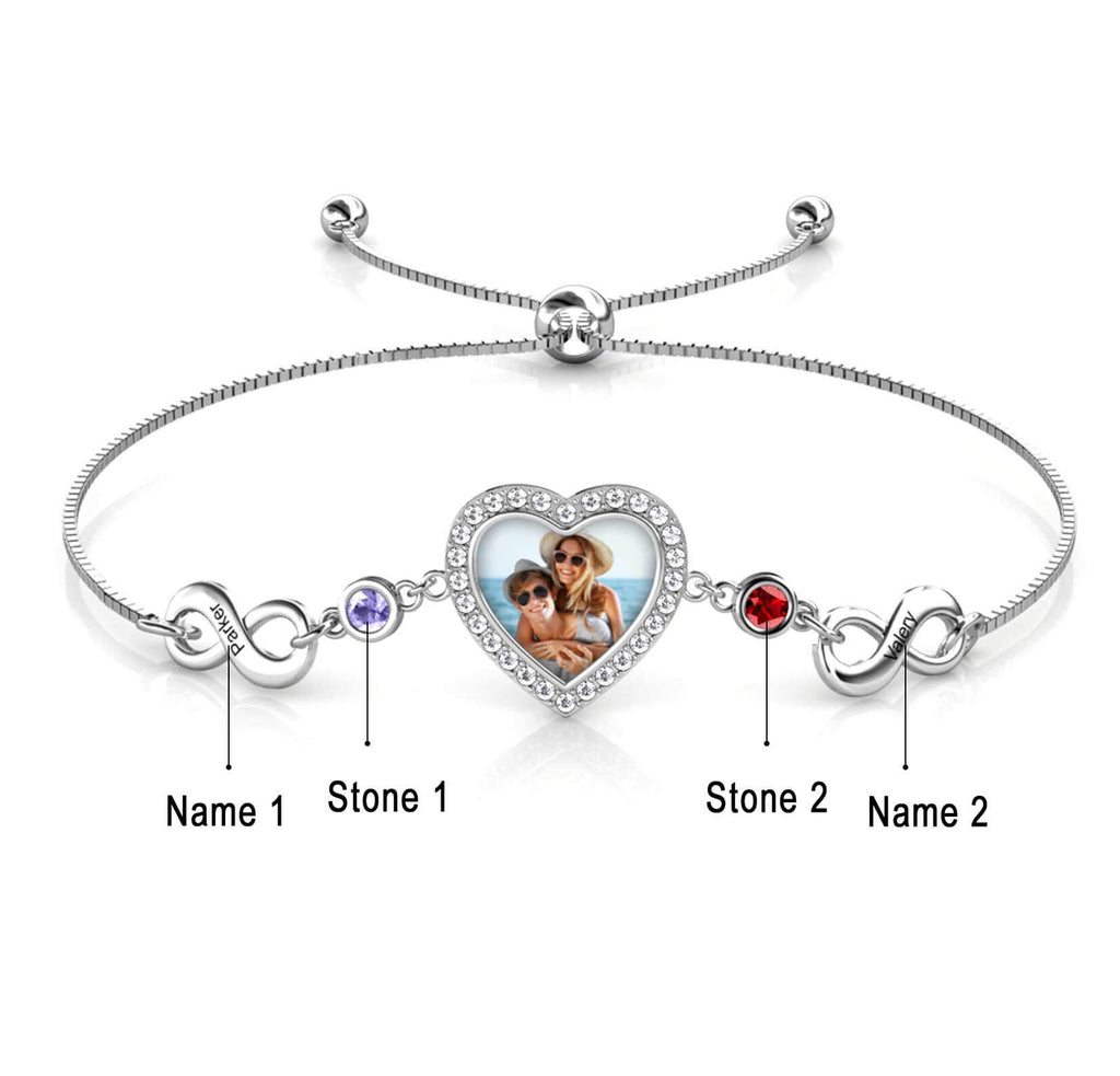 Personalised Photo Charm Bracelet, 2 Names 2 Birthstones, Silver - IFSHE UK