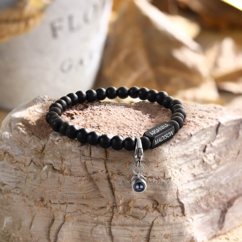 Projection Volcanic Stone Bracelet with Engraved Name Bar