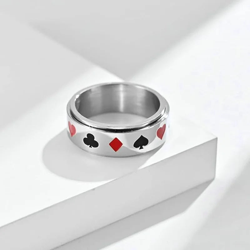 Men's Fidget Ring | Poker Themed Stainless Steel Anxiety Ring | Spinner Ring 3 Colours