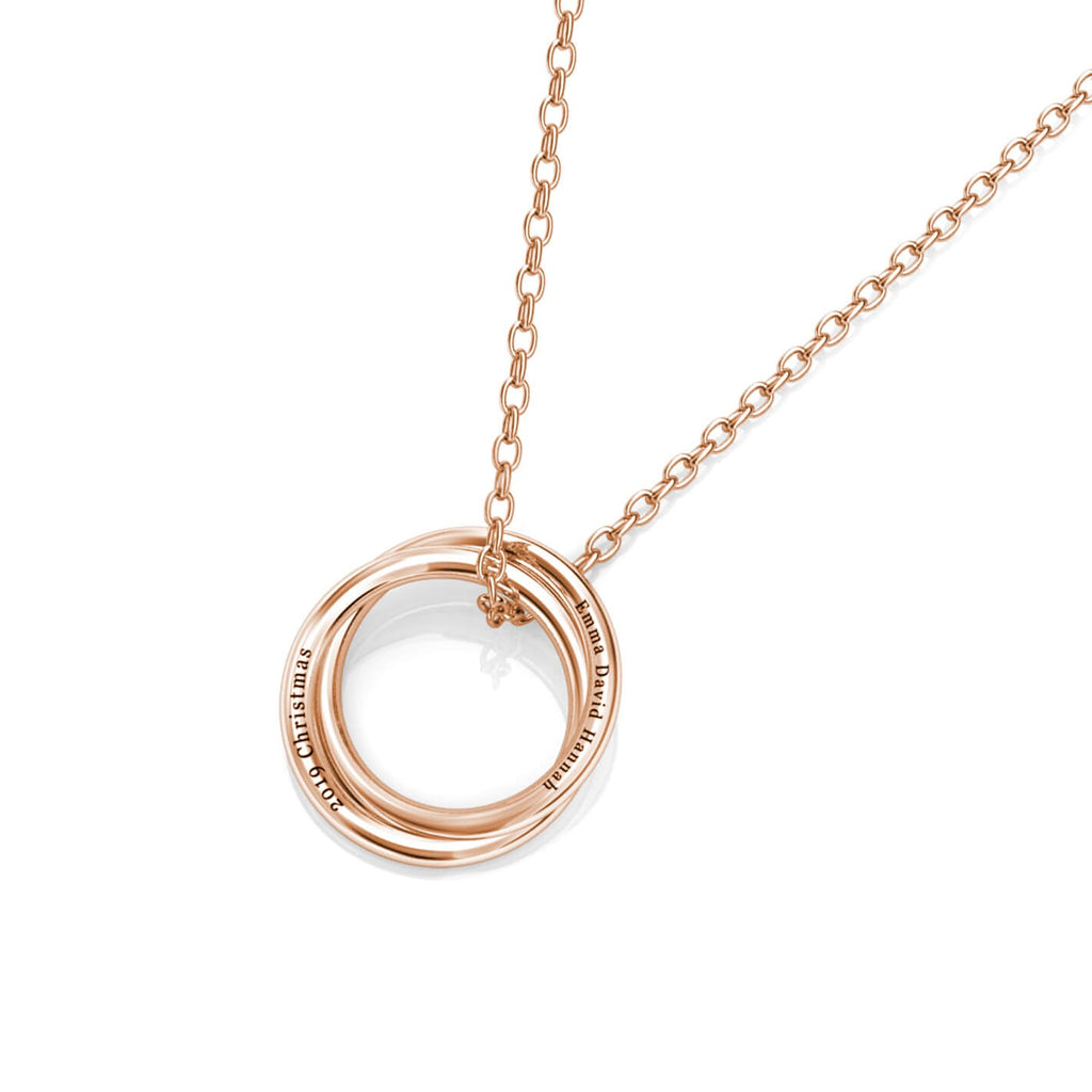 Personalised Russian 2 Ring Necklace, Engraved 2 Name Necklace, Sterling Silver, Rose Gold