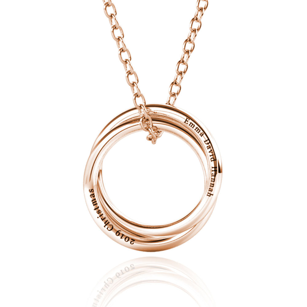 Personalised Russian 2 Ring Necklace, Engraved 2 Name Necklace, Sterling Silver, Rose Gold