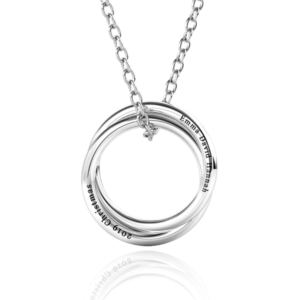 Personalised Russian 2 Ring Necklace, Engraved 2 Name Necklace, Sterling Silver