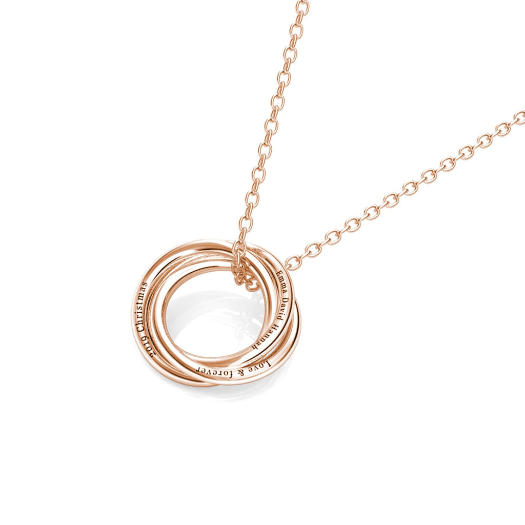 Personalised Russian 3 Ring Necklace, Engraved 3 Name Necklace, Sterling Silver, Rose Gold