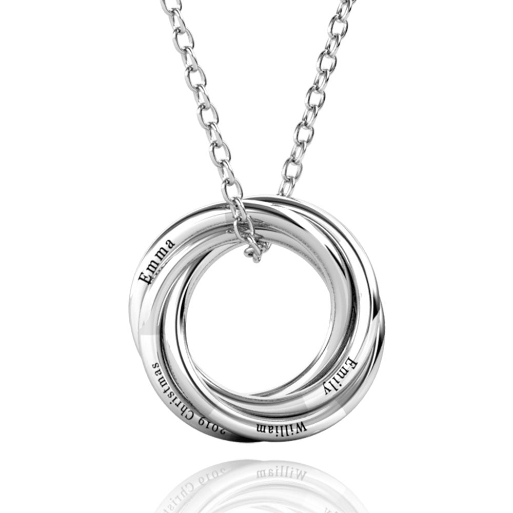 Personalised Russian 4 Ring Necklace, Engraved 4 Name Necklace, Sterling Silver