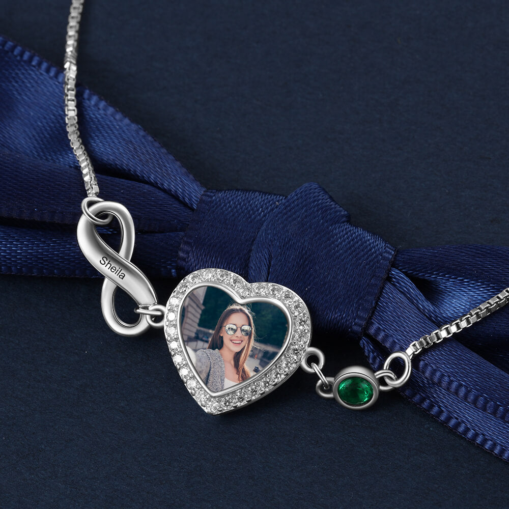 Personalised Photo Charm Bracelet, 1 Name 1 Birthstone, Silver - IFSHE UK
