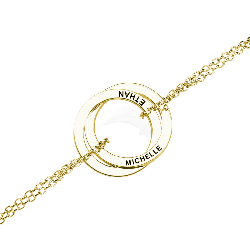 Russian 2 Ring Bracelet - Engraved 2 Name Bracelet - Sterling Silver - Gold