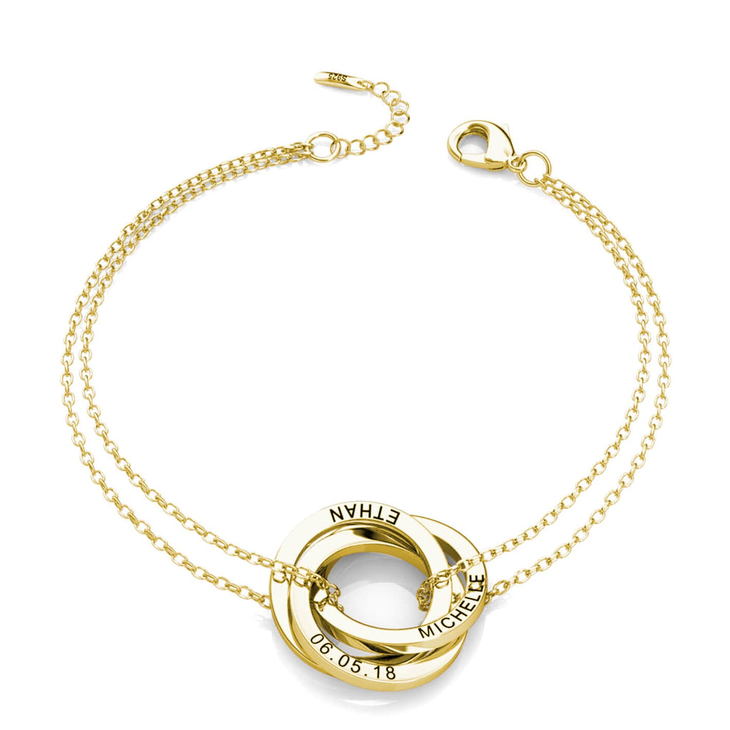 Russian 3 Ring Bracelet - Engraved 3 Name Bracelet - Sterling Silver - Gold