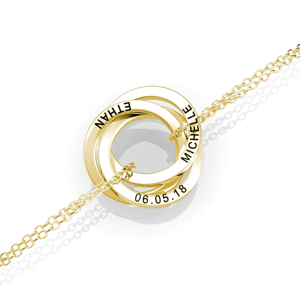 Russian 3 Ring Bracelet - Engraved 3 Name Bracelet - Sterling Silver - Gold