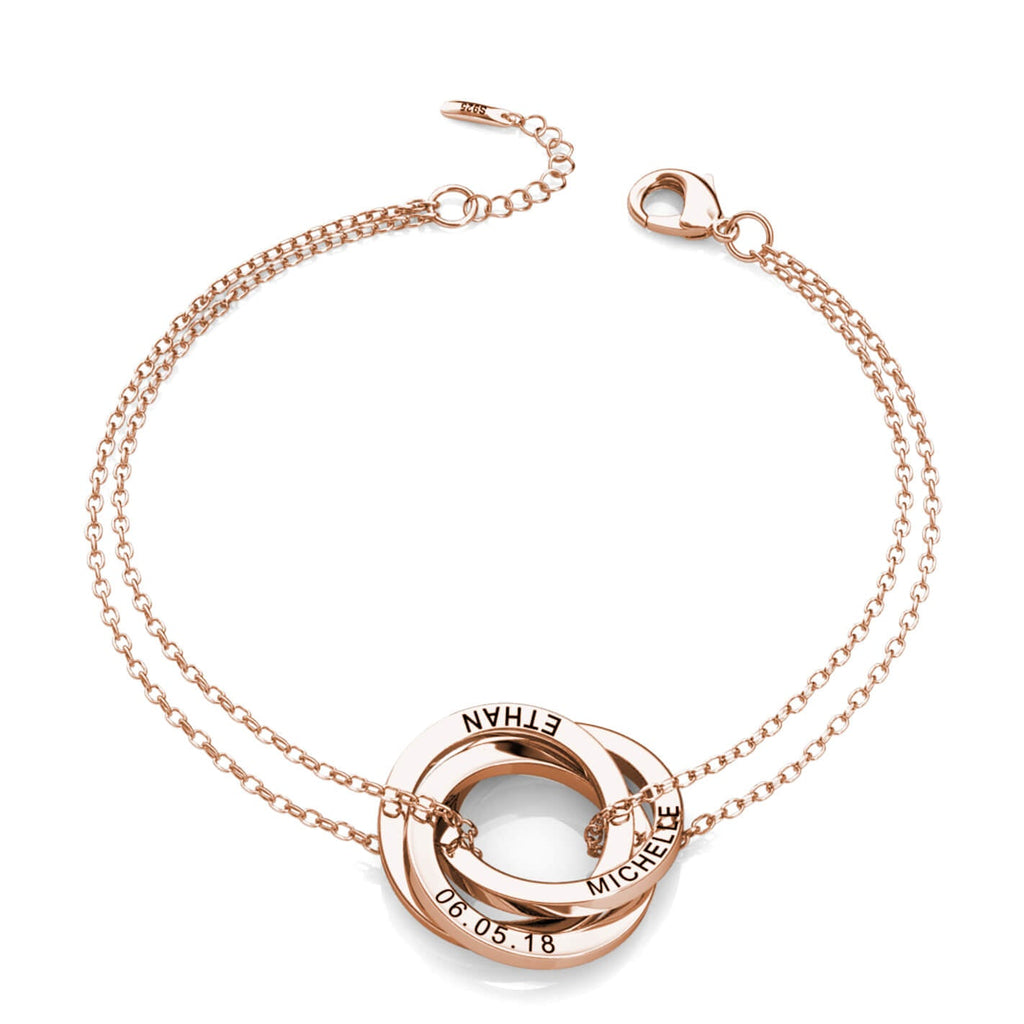 Russian 3 Ring Bracelet - Engraved 3 Name Bracelet - Sterling Silver - Rose Gold