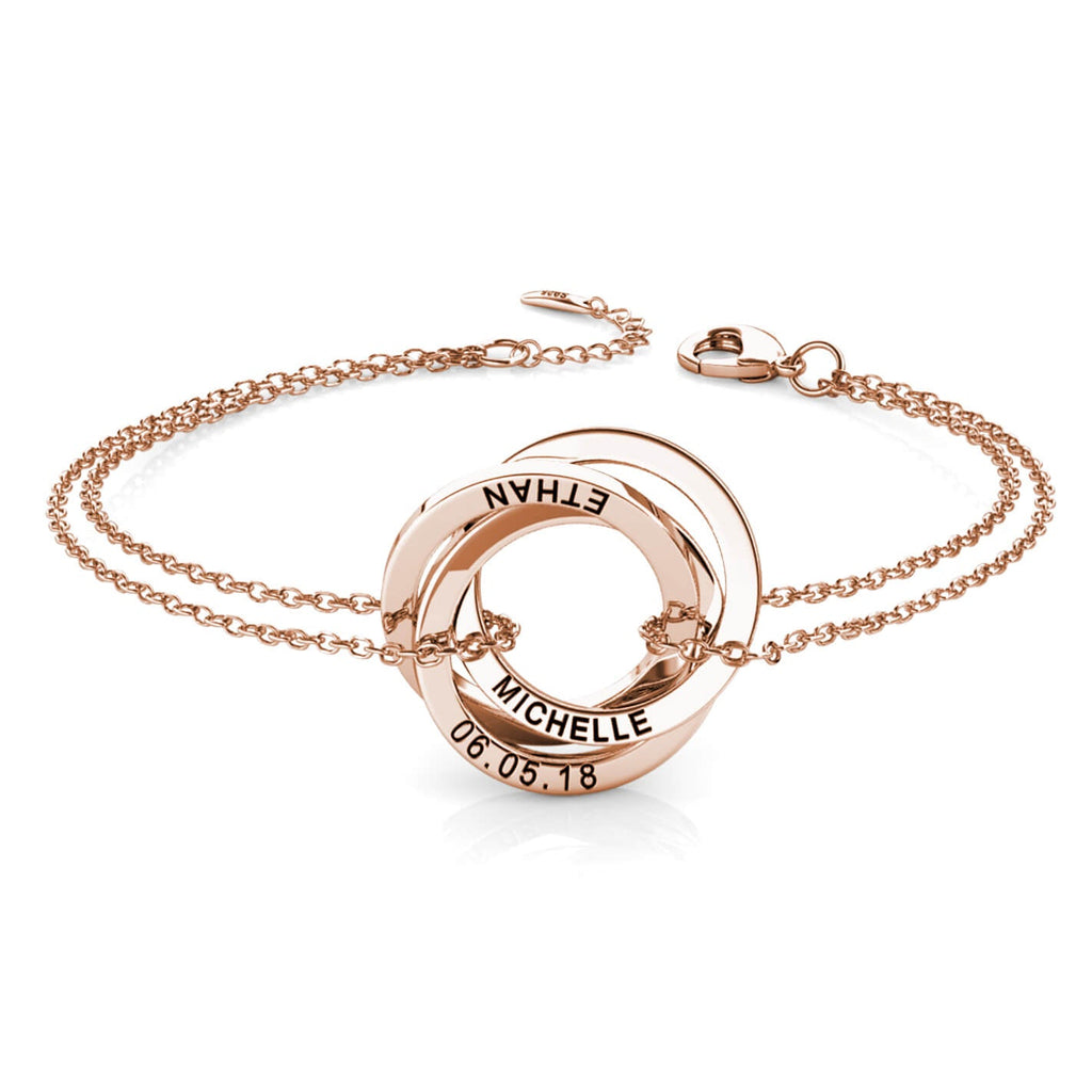 Russian 3 Ring Bracelet - Engraved 3 Name Bracelet - Sterling Silver - Rose Gold