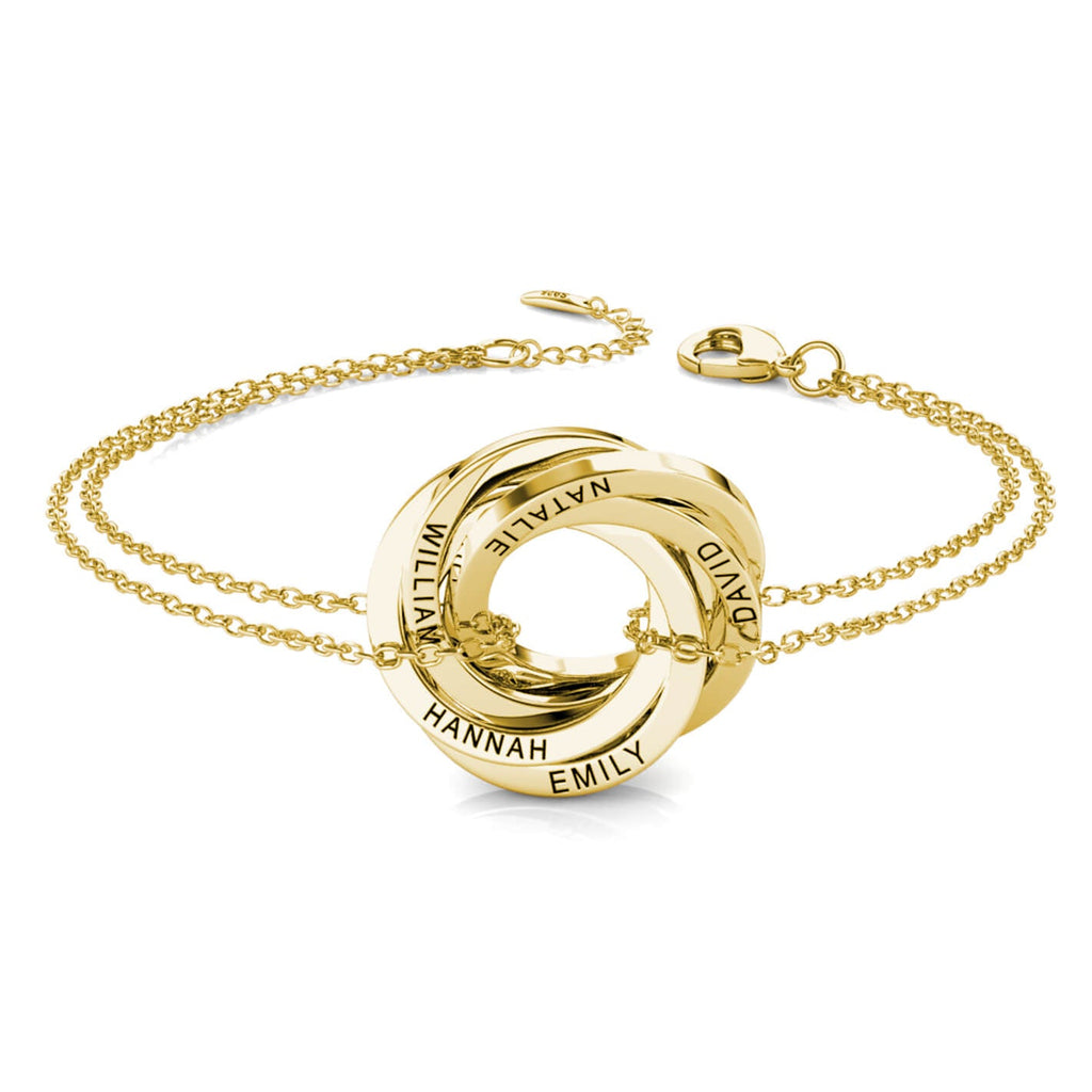 Russian 5 Ring Bracelet - Engraved 5 Name Bracelet - Sterling Silver - Gold
