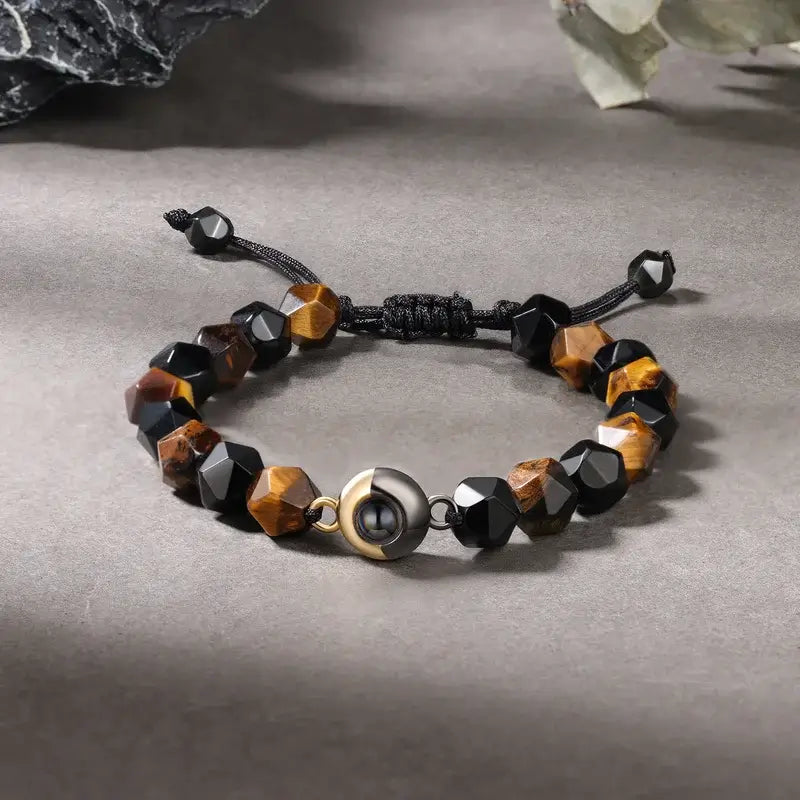 Tiger Eye Stone Beaded Projection Photo Bracelet with Picture Inside