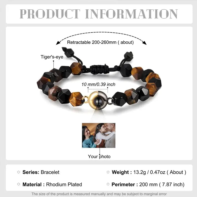 Tiger Eye Stone Beaded Projection Photo Bracelet with Picture Inside