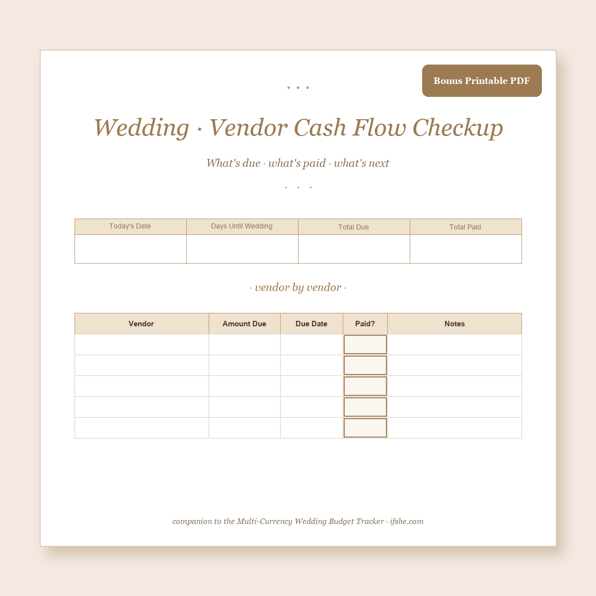 Wedding Vendor Cash Flow Checkup printable PDF cover preview