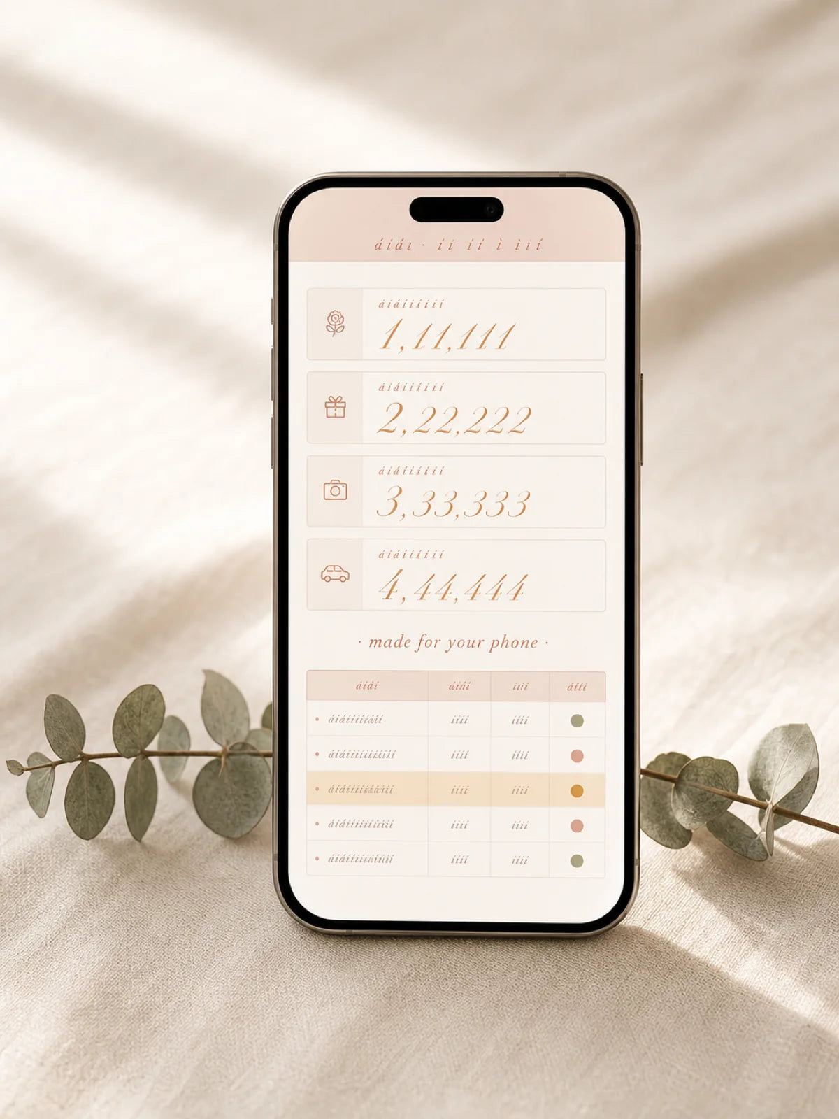 Wedding Budget Tracker Mobile tab on a phone — simplified 4-column view